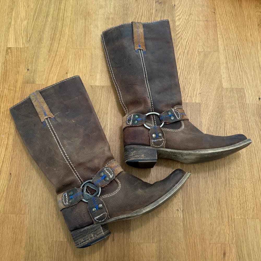 Bed Stu 6.5 Opal Brown Harness Tall Leather Boots Bottle Cap Opener - Picture 1 of 11
